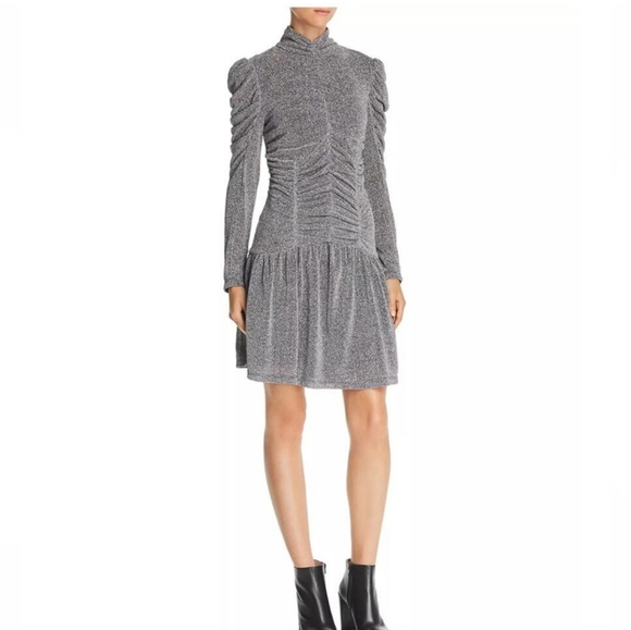 M Rebecca Taylor Ruched Metallic Silver Mock Neck Party Dress - Picture 1 of 7